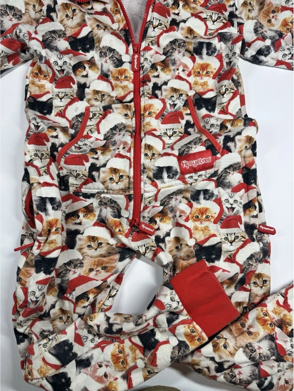 Tipsy Elves Meowy Catmus One Piece JR Lg Unisex Print Cats Hooded W/Pockets Xmas